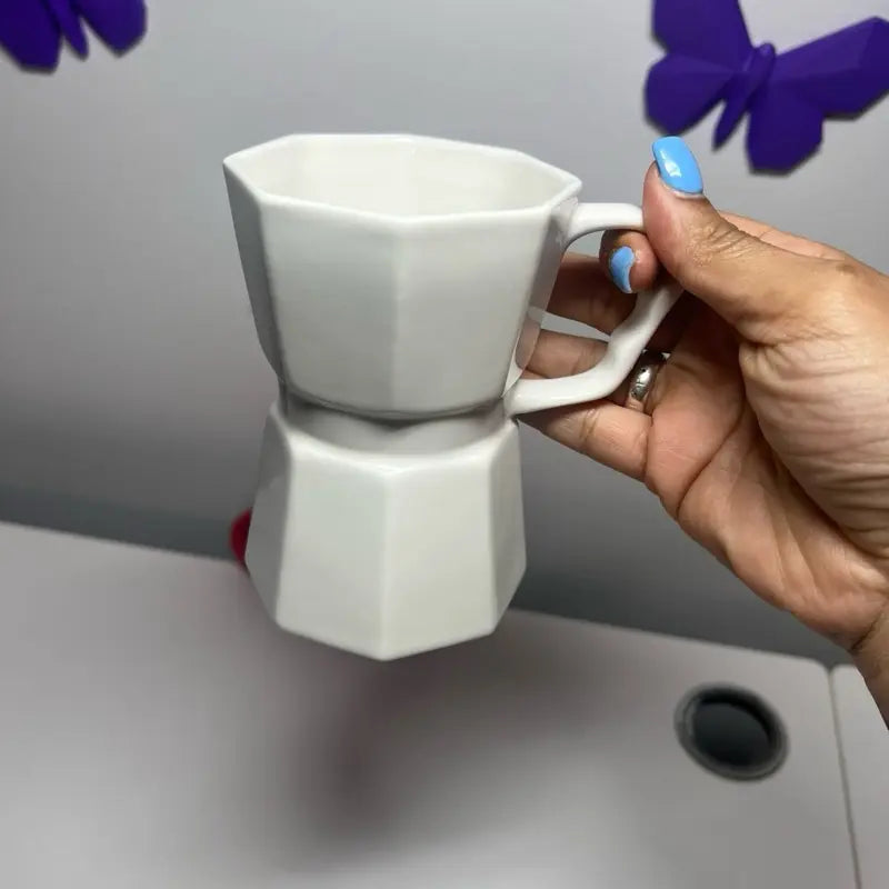 White Plaid Coffee-Pot Style Ceramic Mug