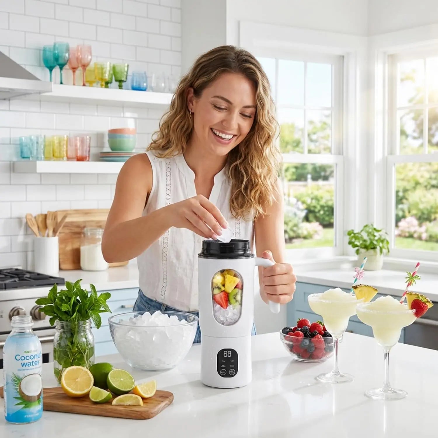 Portable Blender 12-Blades Portable Juicer for Smoothies, 580Ml Rechargeable Personal Blenders with Handle & Extra Lid, USB-C Mini Blender Cup for Travel, Office, Gym, Bpa-Free (White)