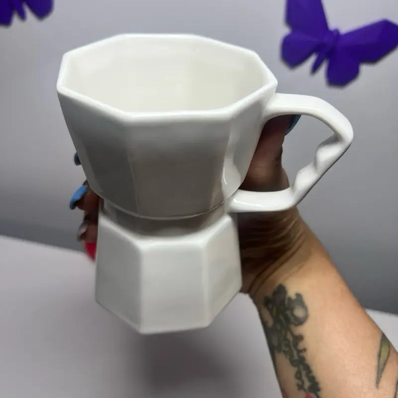 White Plaid Coffee-Pot Style Ceramic Mug