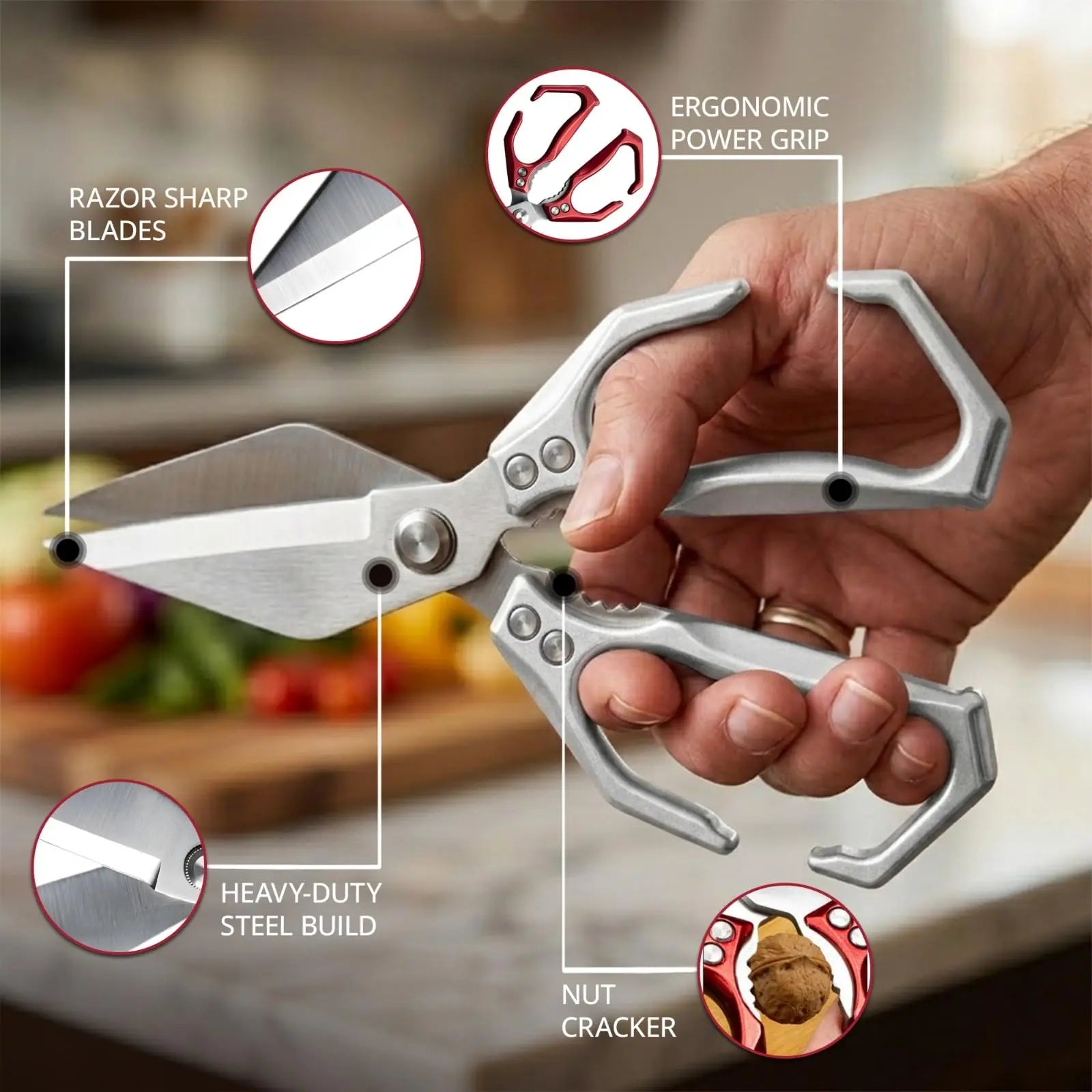 AURAME Sturdy Lightweight Stainless Steel Kitchen Scissors with Aluminum Alloy Handle, Multi-Purpose Cooking Shears with Loop
