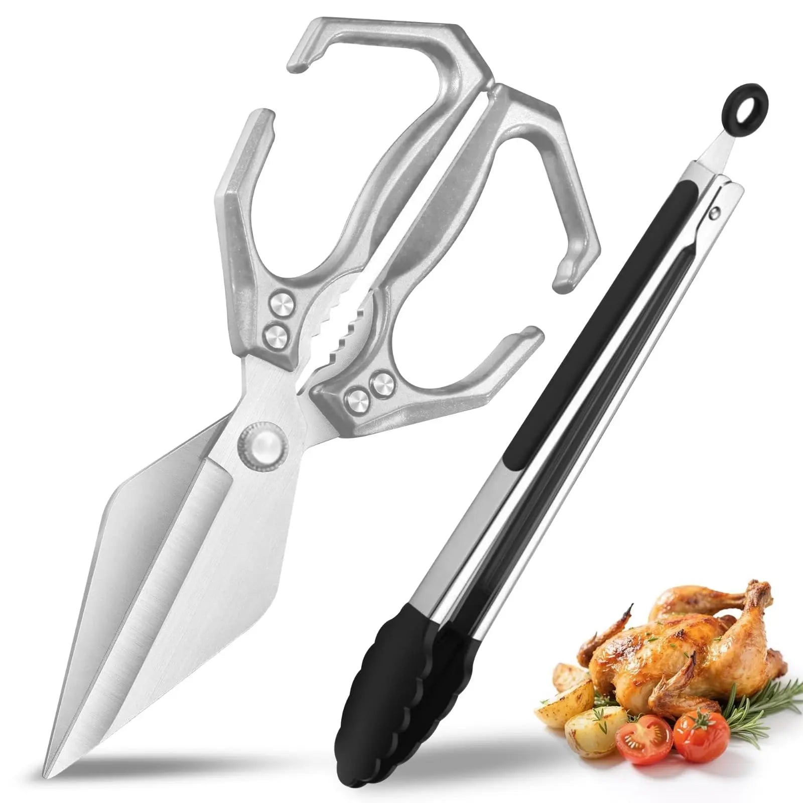 AURAME Sturdy Lightweight Stainless Steel Kitchen Scissors with Aluminum Alloy Handle, Multi-Purpose Cooking Shears with Loop
